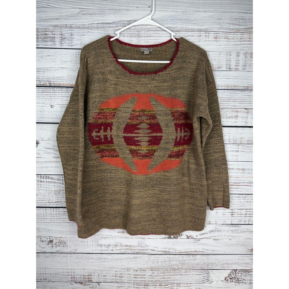 J. Jill Alpaca Wool Brown Aztec Southwestern Sweater Medium Petite Western Boho
